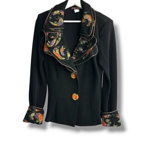 Design Today's Black Floral Embroidered‎ Ruffle Collar Blazer Jacket L